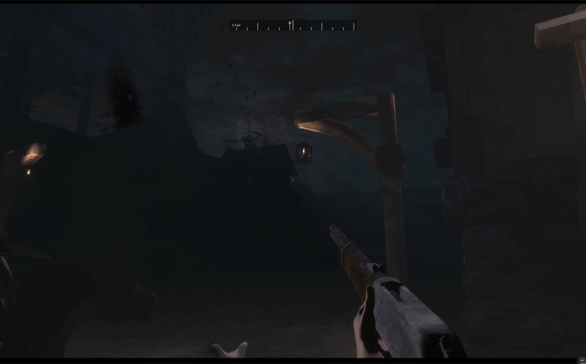 Player with rifle in village